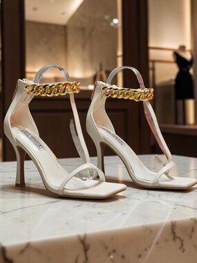 Gold Chain Ankle Strap White High Heel Sandals With Square Toe Stiletto Heel Chi